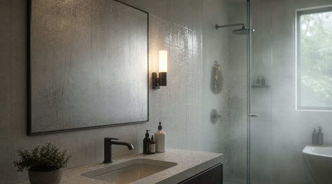 Et moderne badeværelse med damp på spejlet, hvilket indikerer behov for forbedret ventilation og luftcirkulation i rummet.