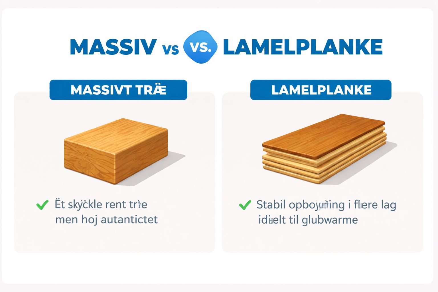 Sammenligning af massivt træ og lamelplanker, der viser deres unikke egenskaber til forskellige boligtyper.