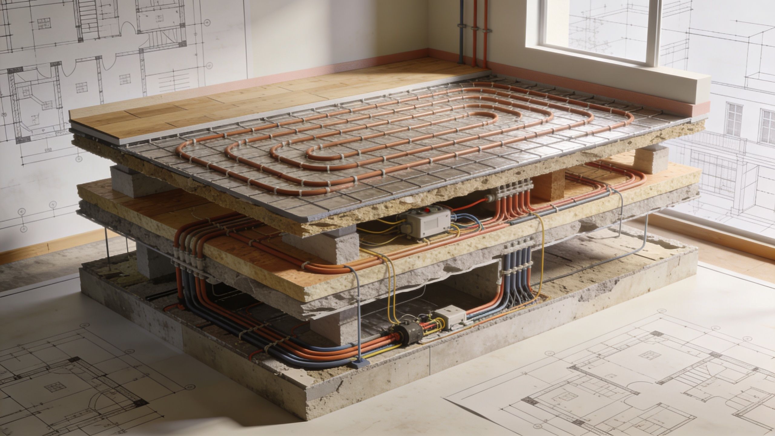 3D-snitvisning af et moderne gulvvarmesystem installeret i en etagebygning med synlige rør, isolering og betonkonstruktioner.