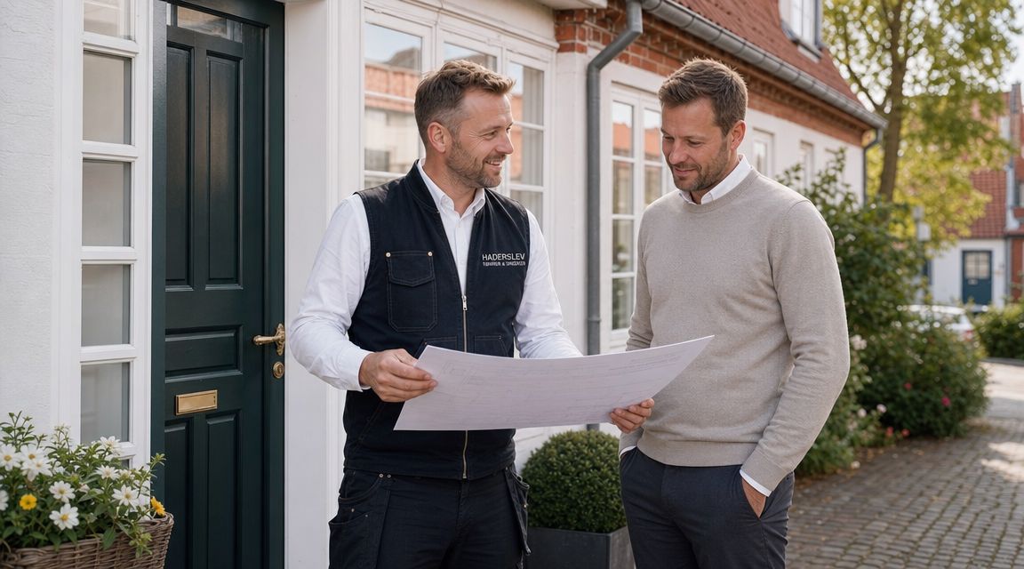 En professionel tømrer fra Haderslev gennemgår en byggeplan sammen med en kunde foran et hus.