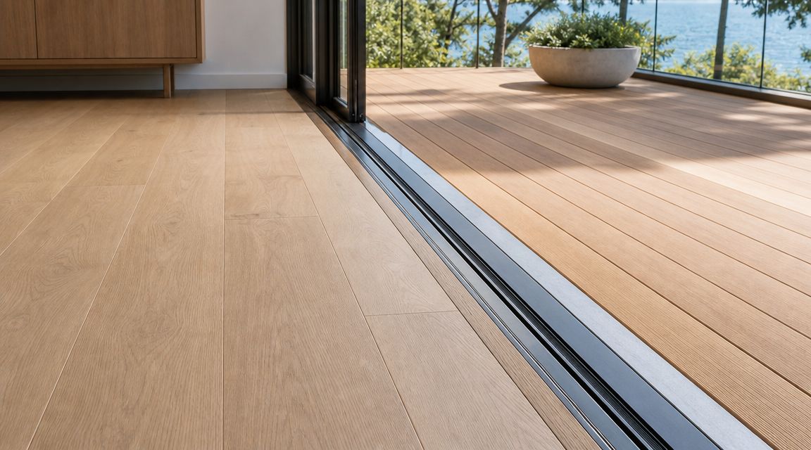Sømløs overgang mellem lyst trægulv indendørs og en moderne træterrasse set gennem store skydedøre af glas.