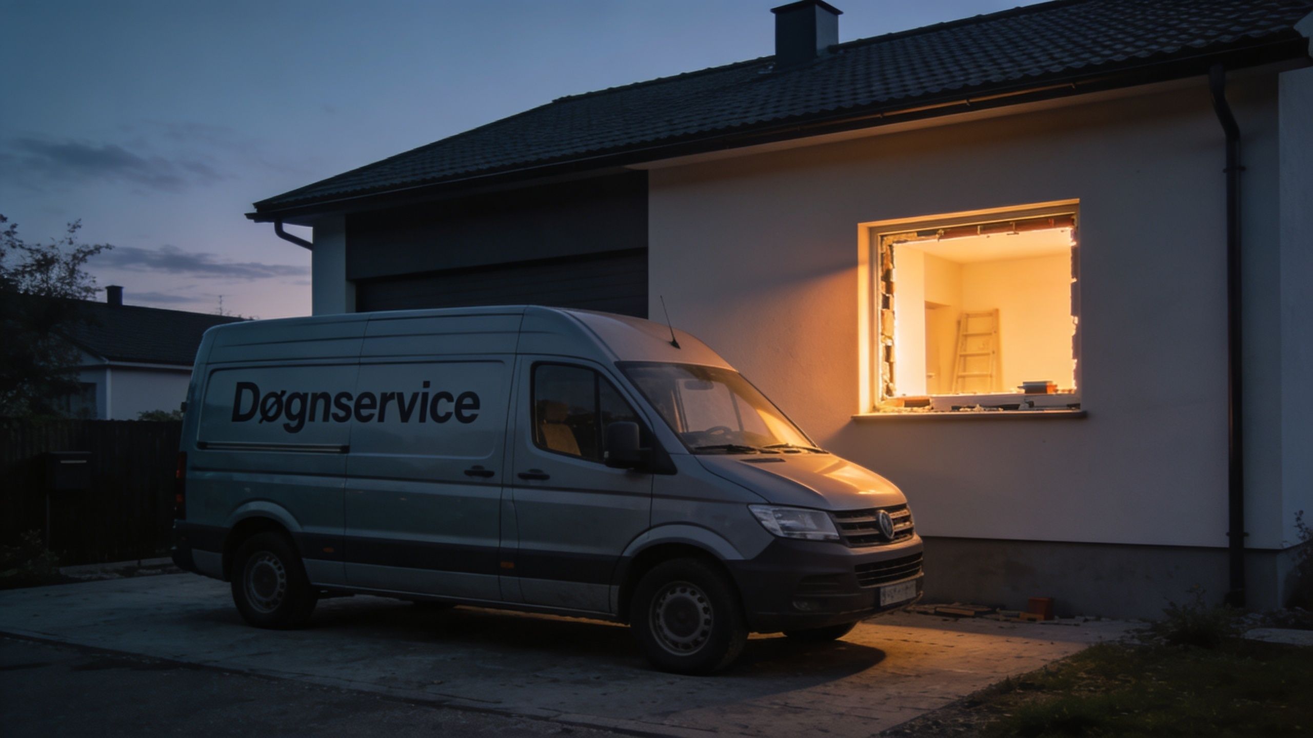En håndværkerbil fra Døgnservice parkeret ved et hus, hvor et vindue er under udskiftning i aftenlyset.