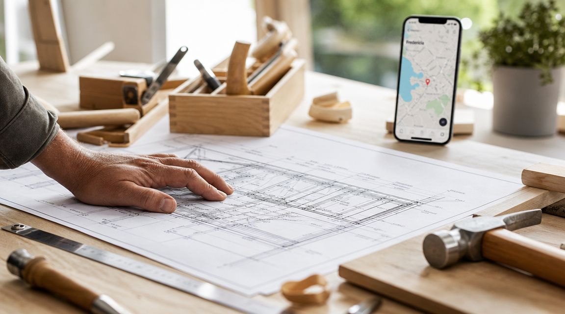 En tømrer i Fredericia arbejder ved et arbejdsbord med tegninger, værktøj og en mobiltelefon med et landkort.