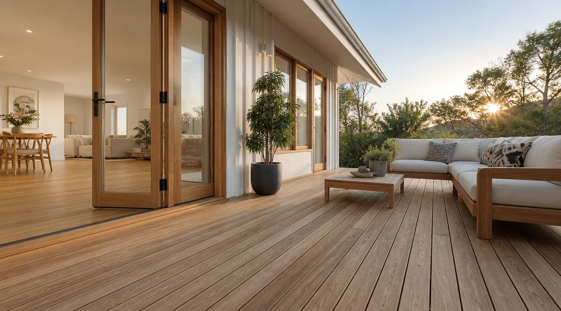 En smuk træterrasse med behagelige havemøbler og udsigt til en solnedgang bag træerne ved huset.