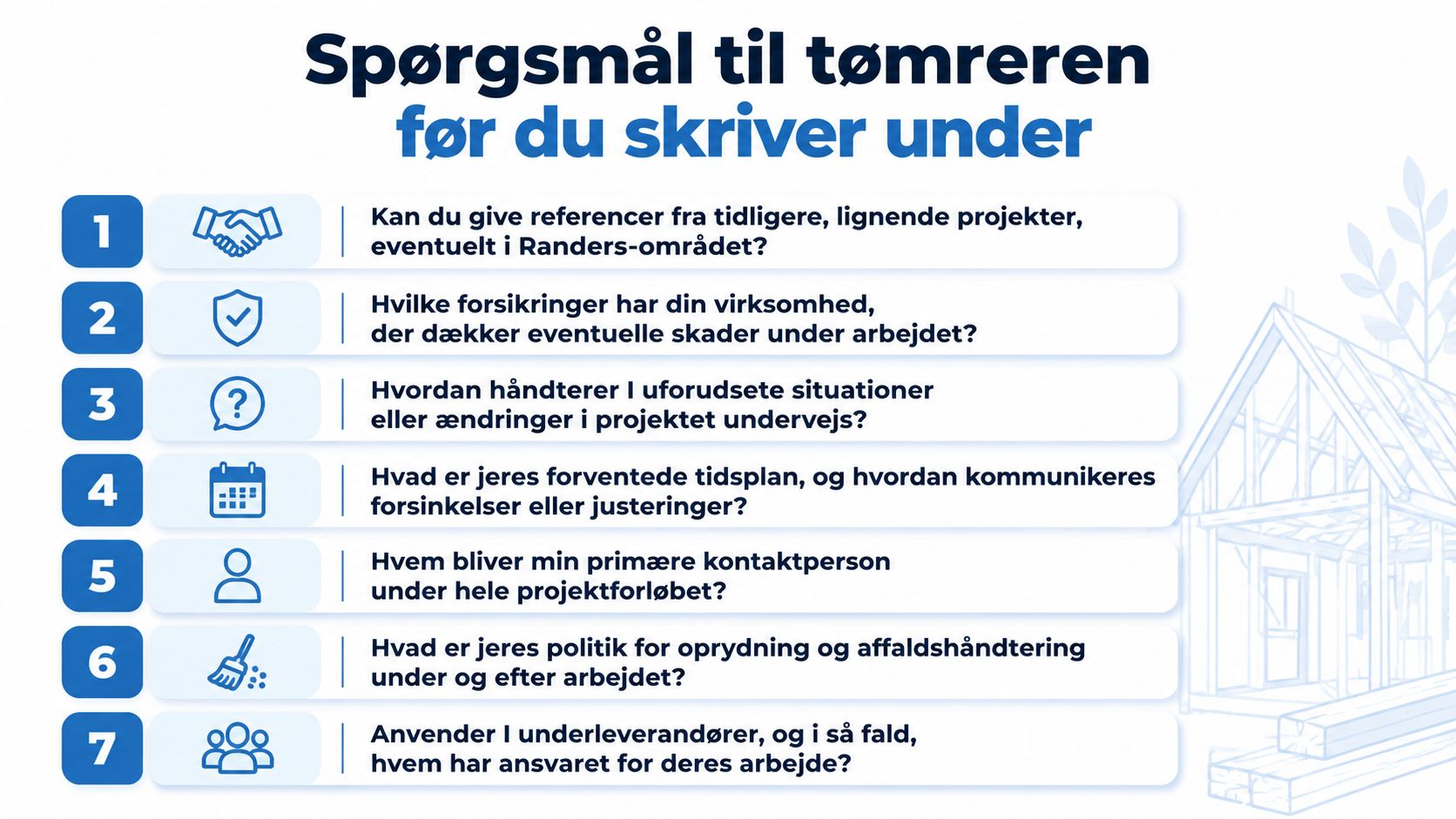 En liste med syv vigtige spørgsmål, man bør stille sin tømrer, før man underskriver en kontrakt.
