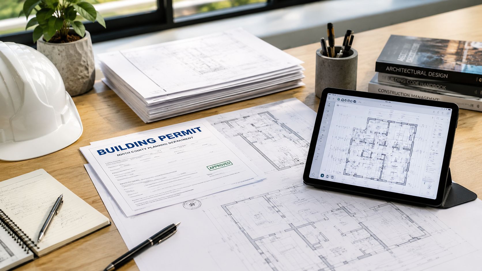 En byggetilladelse til carport ligger på et skrivebord sammen med arkitekttegninger, en tablet og en sikkerhedshjelm.