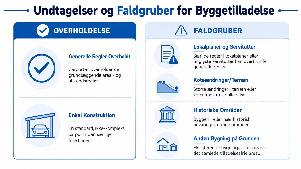 Infografik der viser undtagelser og faldgruber vedrørende byggetilladelse til opførelse af en carport i Danmark.