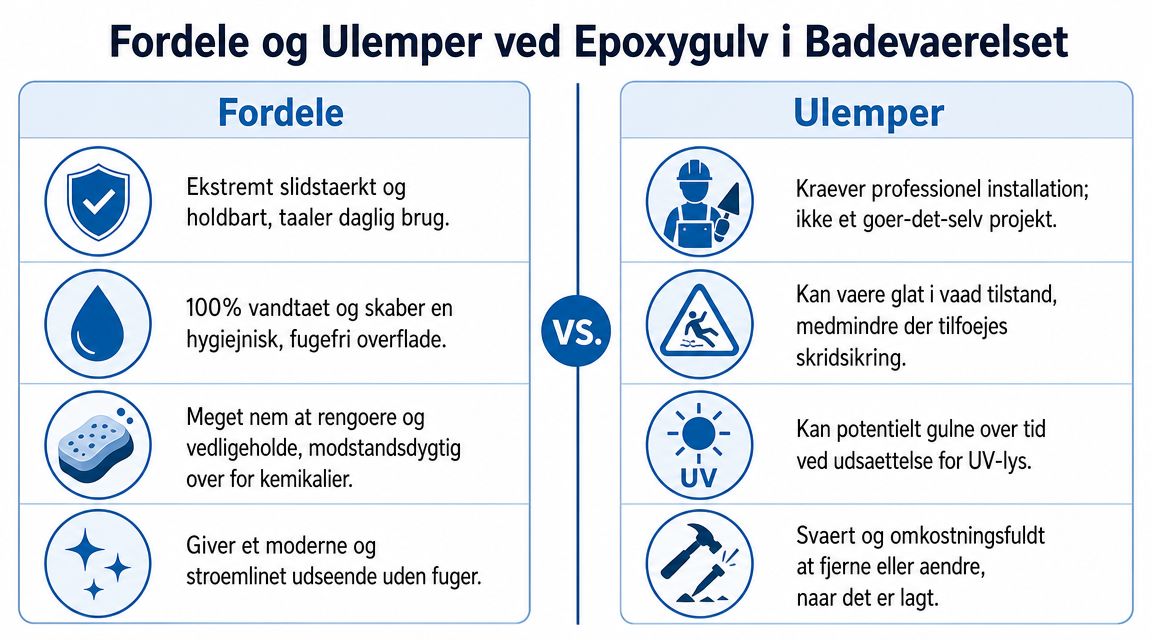 En oversigt over fordele og ulemper ved at anvende epoxygulv i badeværelset vist med ikoner og tekst.