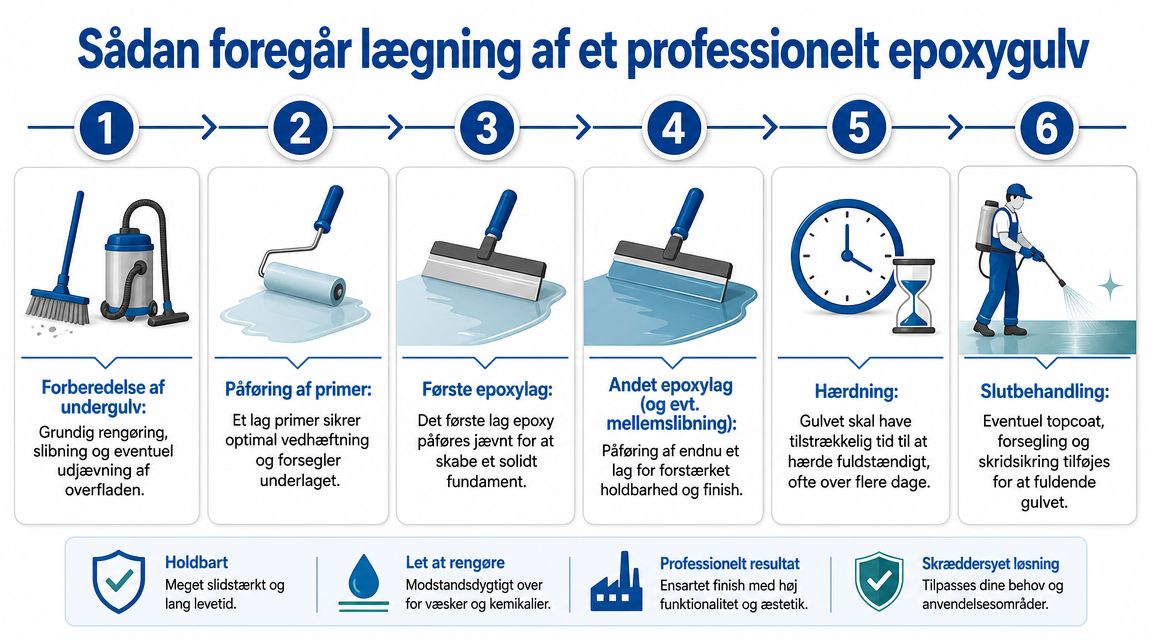 En infografik der viser de seks trin til installation af et professionelt epoxygulv fra forberedelse til slutbehandling.