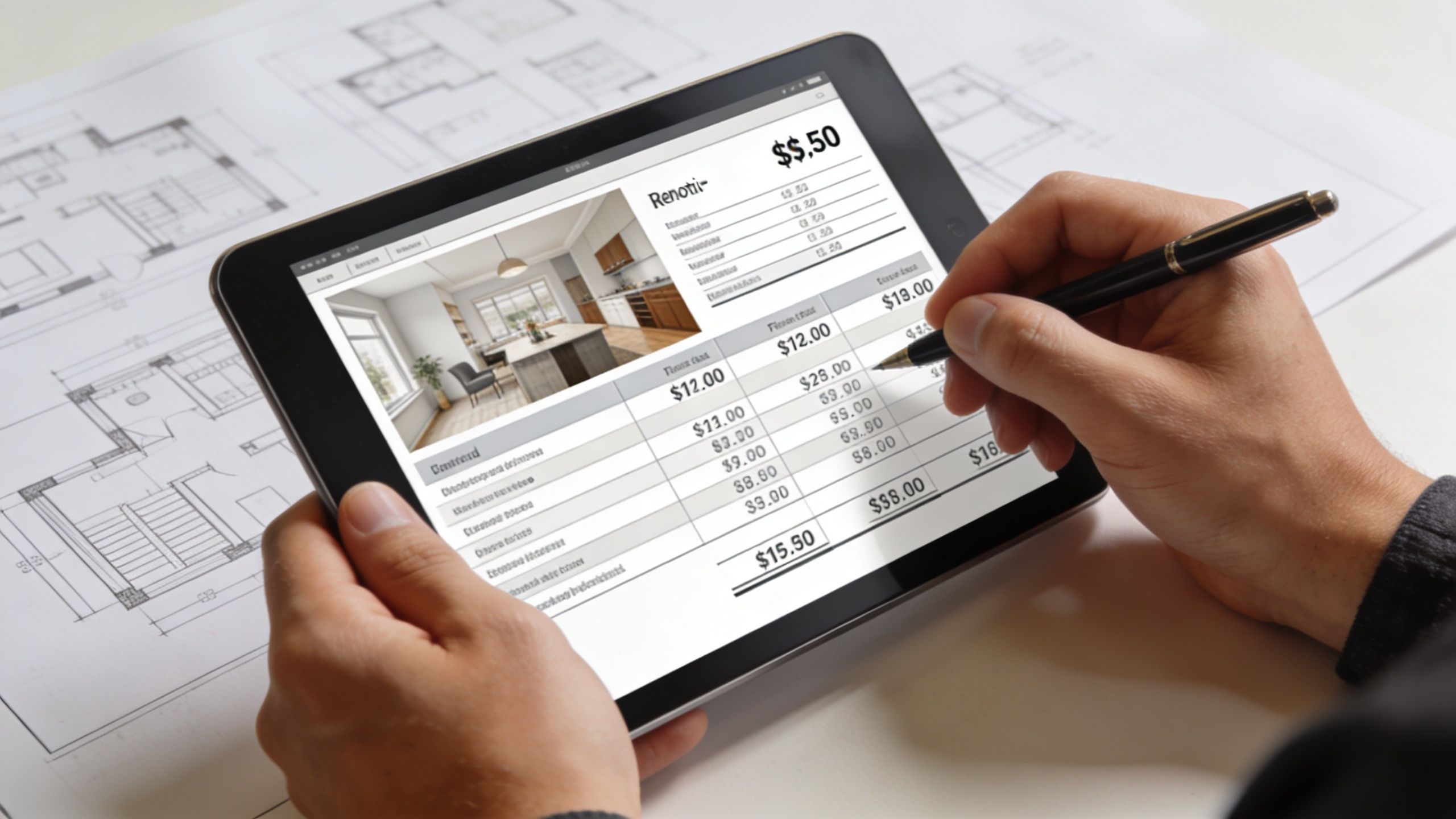 Person der holder en tablet med et budget for renovering af hus ovenpå arkitekttegninger på et bord.
