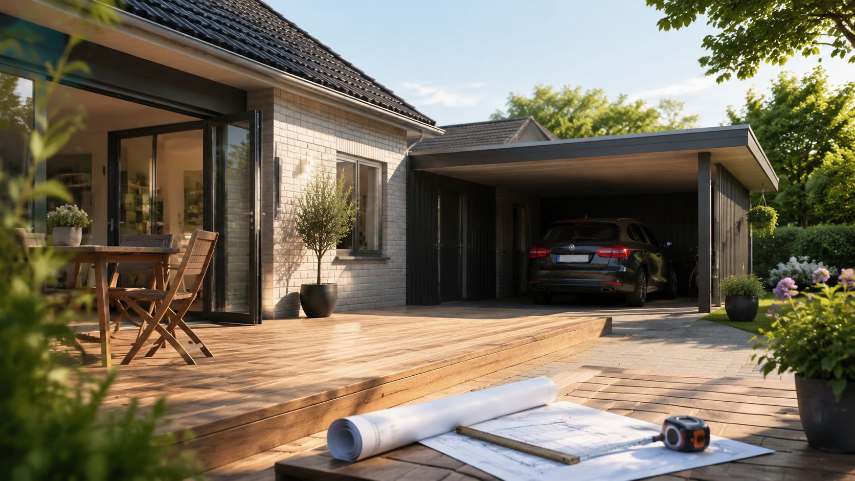 Moderne hus med træterrasse, carport og byggeplaner på bordet i en solrig have med grønne omgivelser.