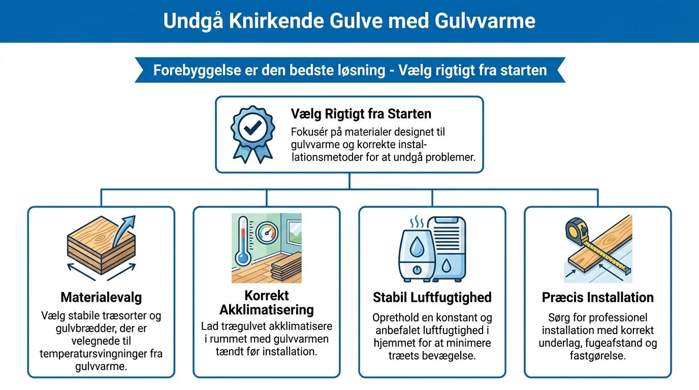 En infografik der viser fire vigtige trin til at undgå knirkende trægulve ved brug af gulvvarme.