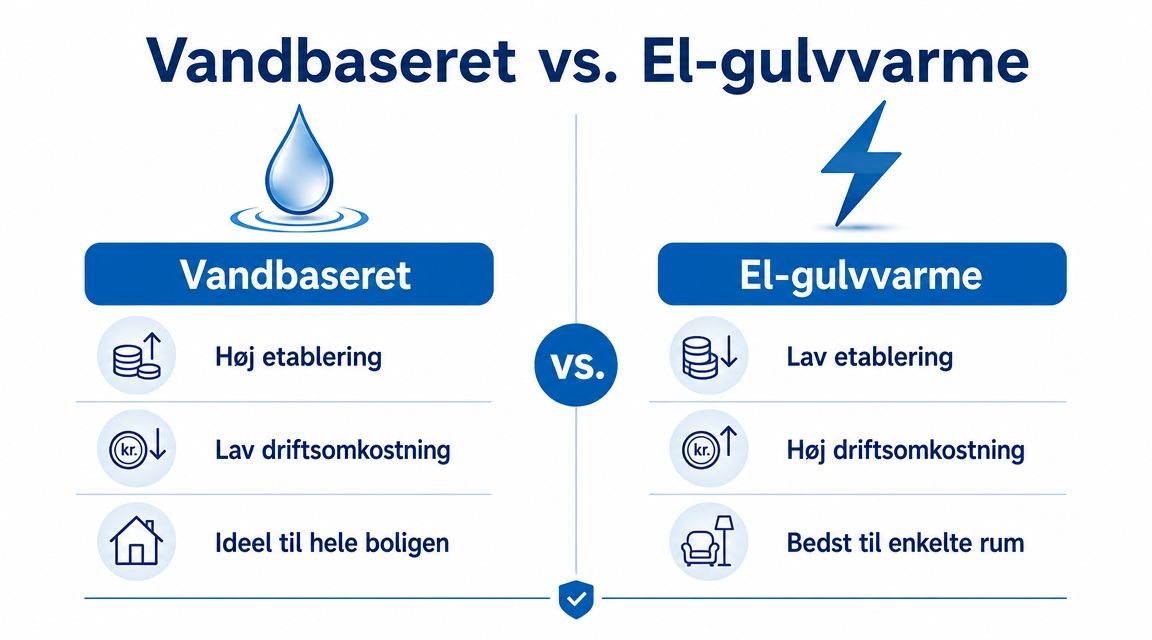 En sammenligningsgrafik der viser forskellene mellem vandbaseret og elektrisk gulvvarme med fokus på omkostninger og anvendelse.