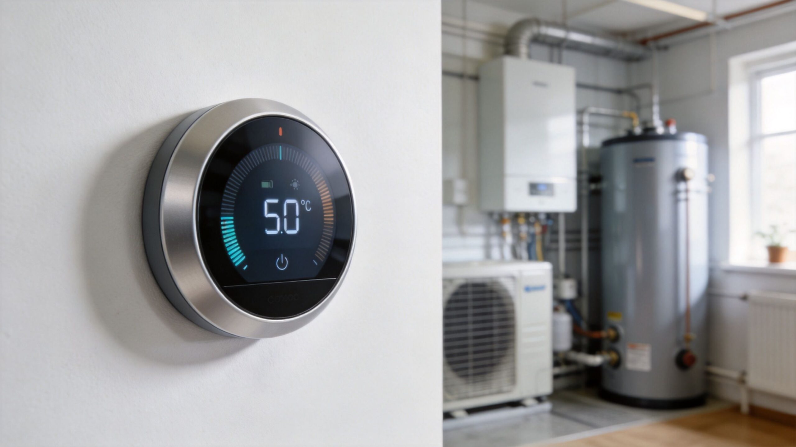 En rund smart termostat monteret på en hvid væg med et varmesystem i baggrunden.