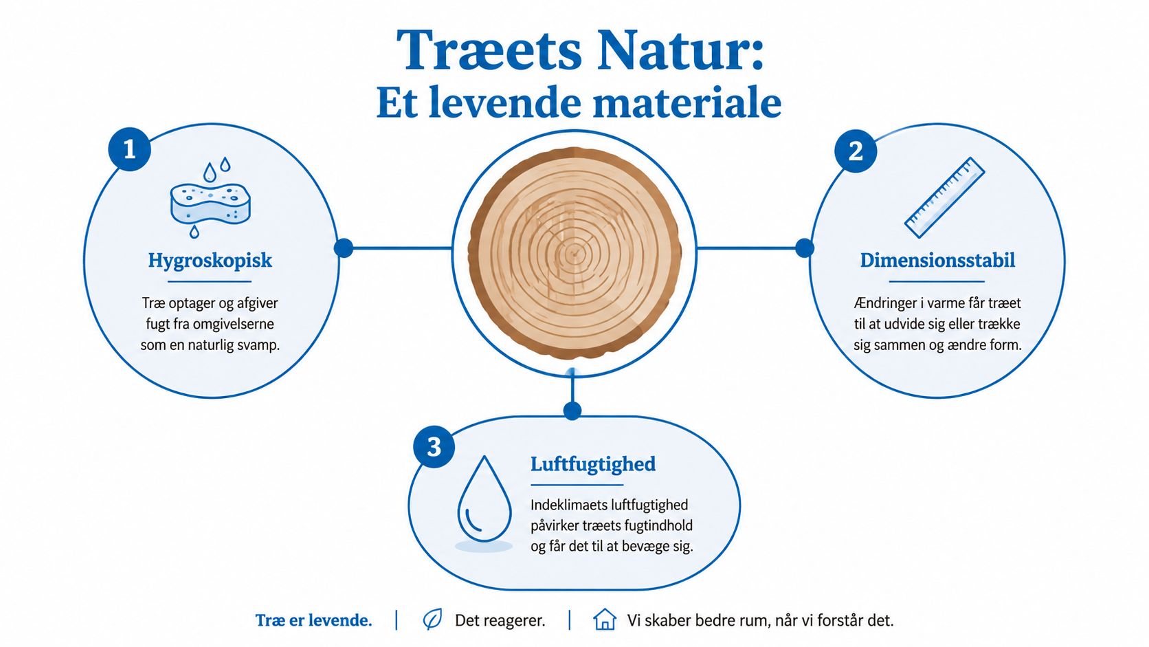 En grafisk illustration af træs naturlige egenskaber som hygroskopisk materiale, dimensionsstabilitet og påvirkning fra luftfugtighed.