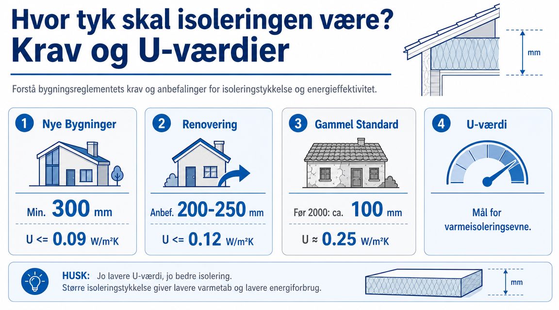 En infografik der viser anbefalede isoleringstykkelser og U-værdier for nye og ældre bygninger i Danmark.