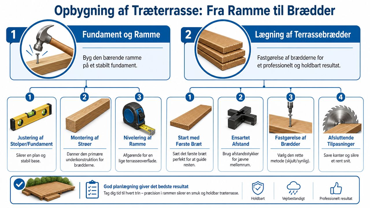 En guide i to trin til opbygning af en træterrasse, fra fundament til lægning af terrassebrædder.