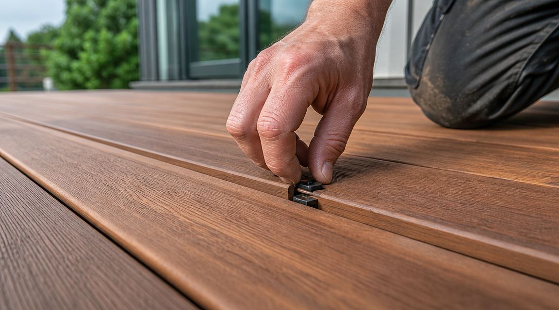 En håndarbejder monterer skjulte clips mellem træplanker på en moderne terrasse af kompositmateriale under opførelsen.