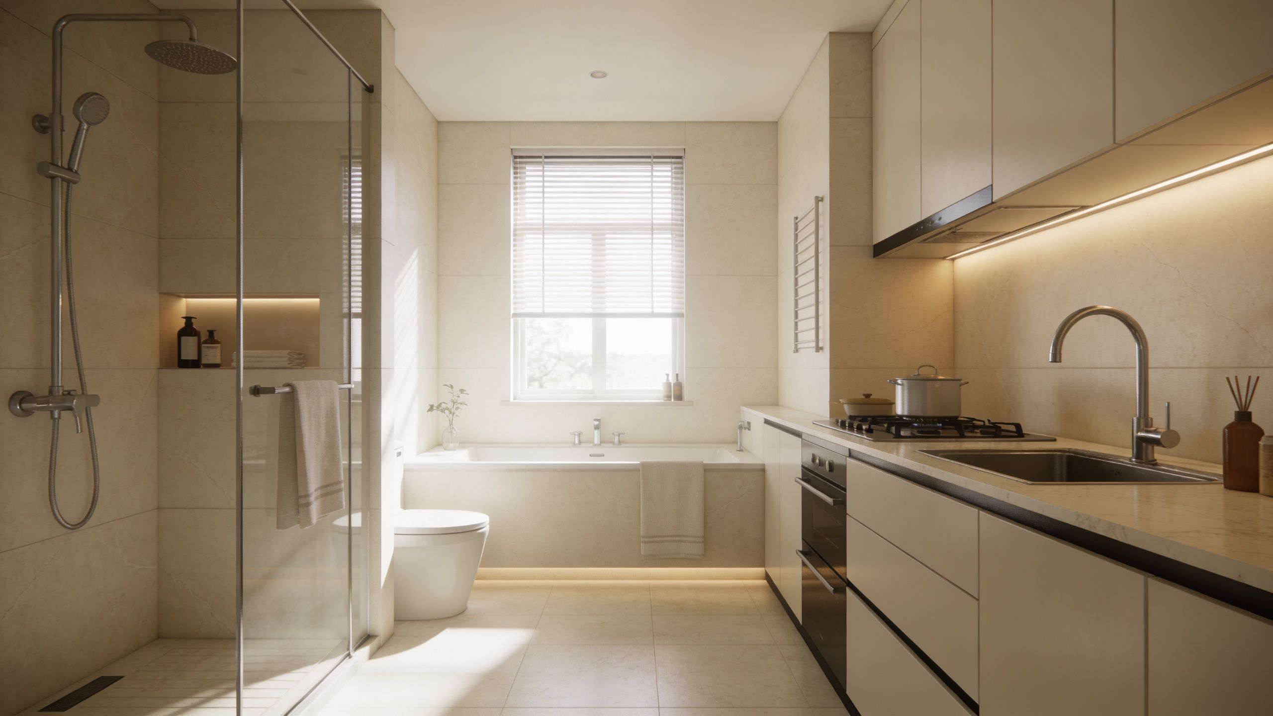Moderne kombineret badeværelse og køkken i lyse beige nuancer med badekar, bruseniche og minimalistiske køkkenelementer.