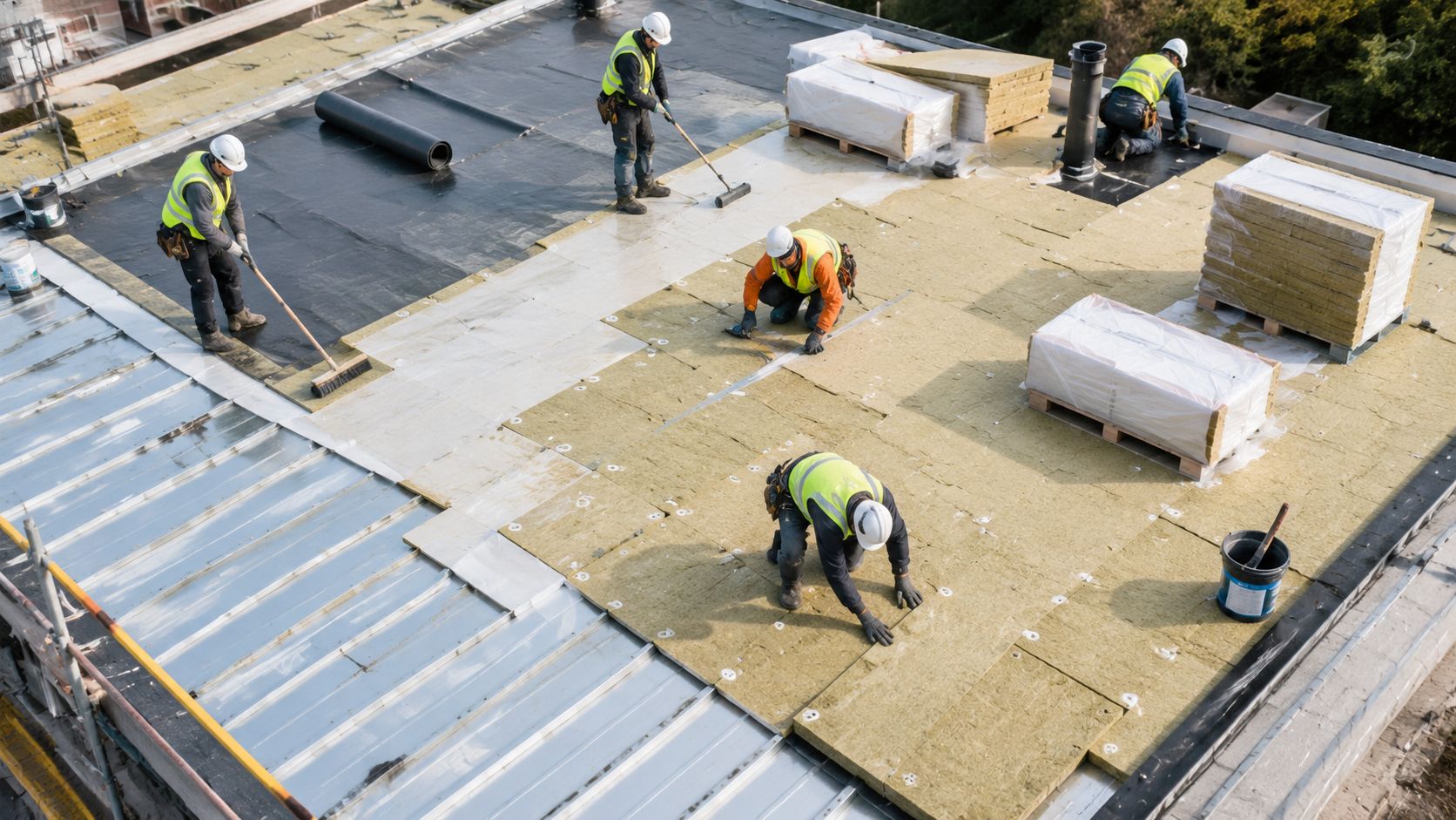 Bygningsarbejdere i sikkerhedsveste arbejder på et fladt tag med montering af isoleringsplader til energieffektiv isolering af tag.