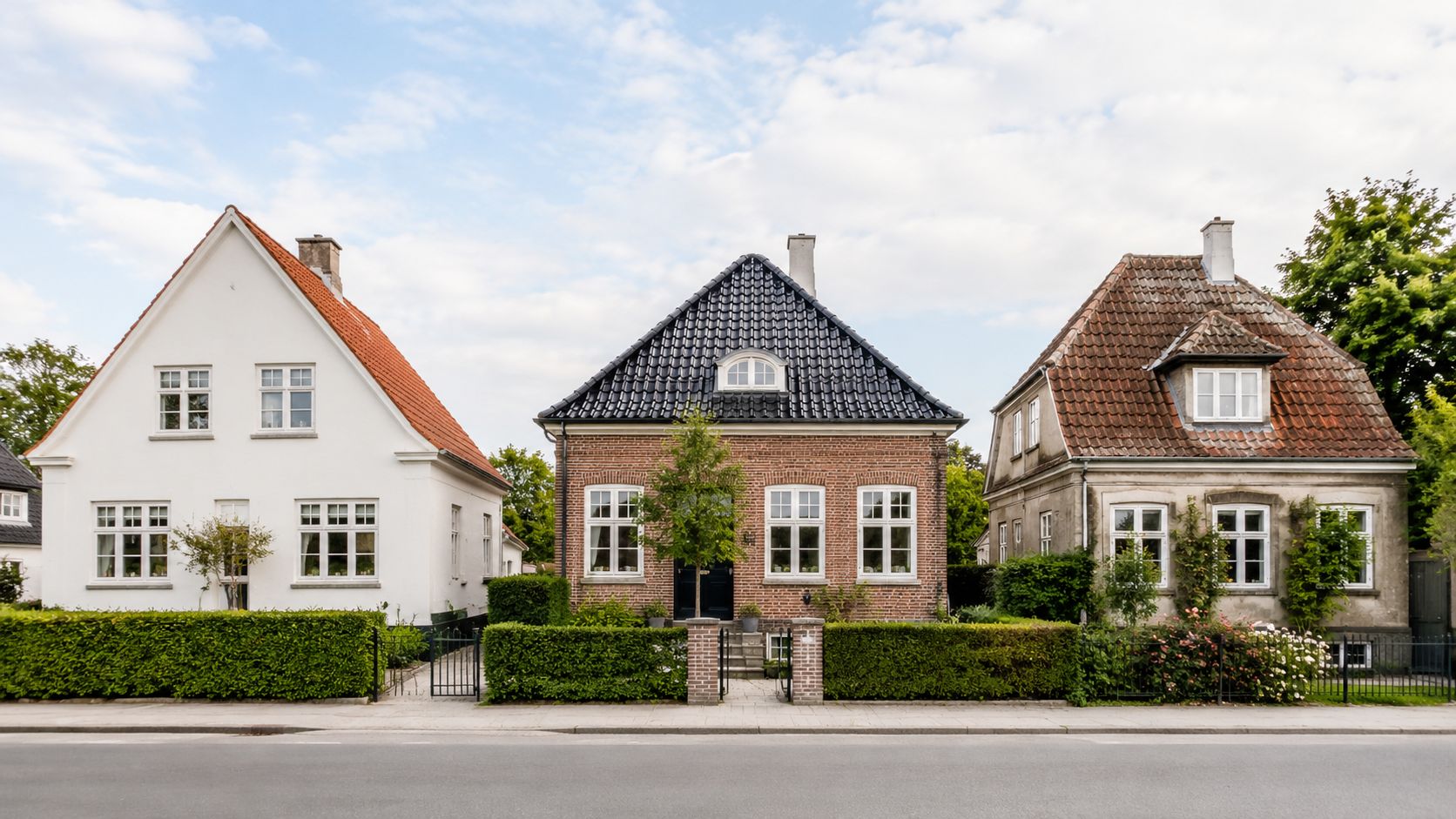 Tre charmerende huse med tegltage og velholdte haver langs en vej under en delvist skyet himmel.