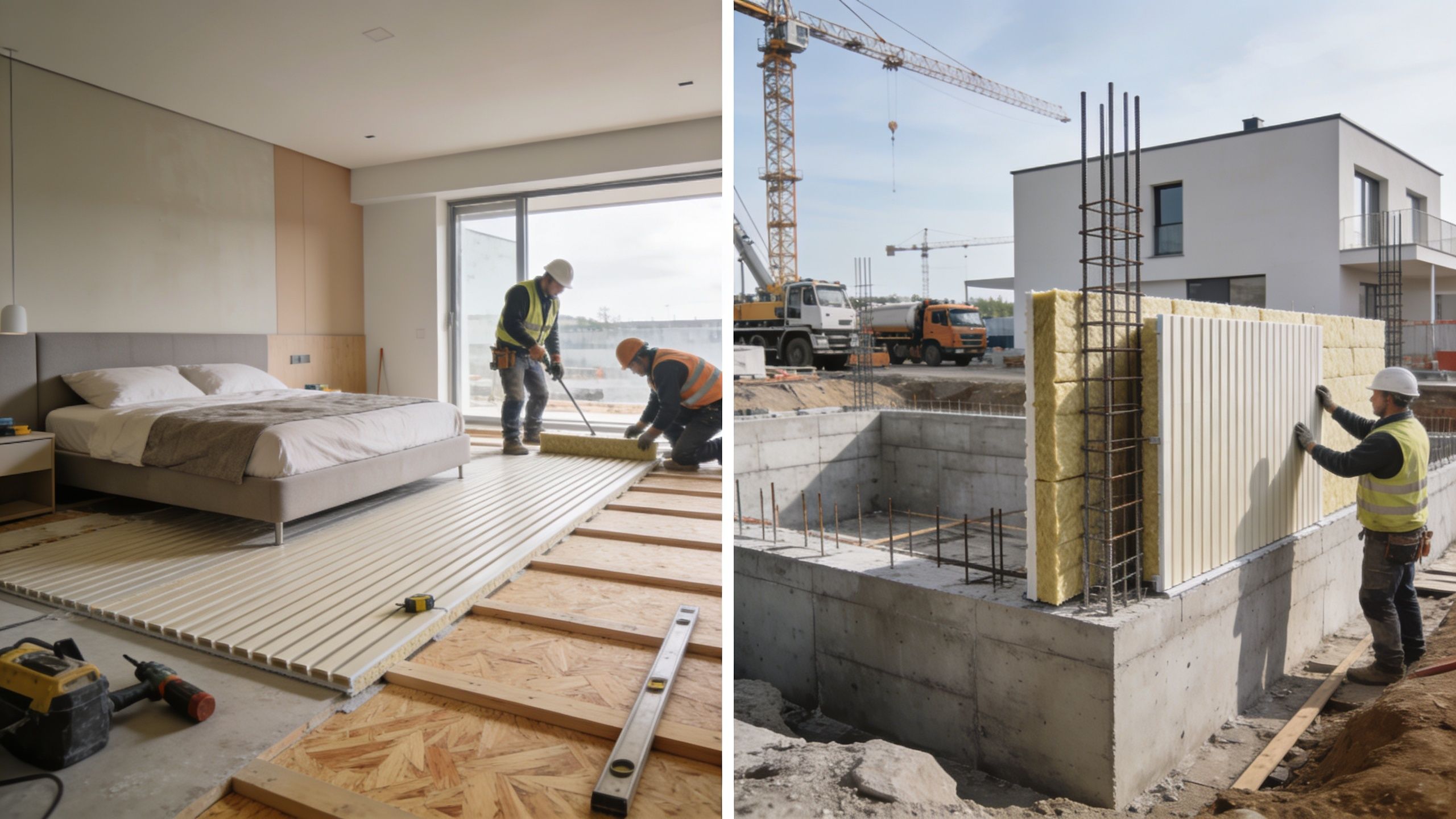 To billeder der viser montørarbejde med isoleringsmaterialer i henholdsvis et soveværelse og på en byggeplads.