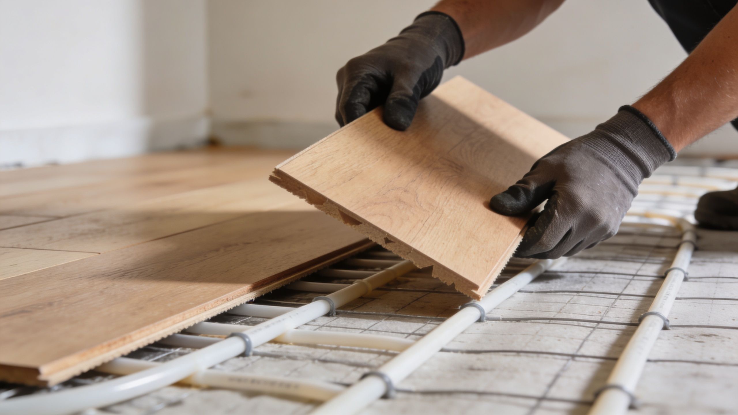 En håndværker lægger et trægulv ovenpå et installeret gulvvarmesystem i et rum under renovering.