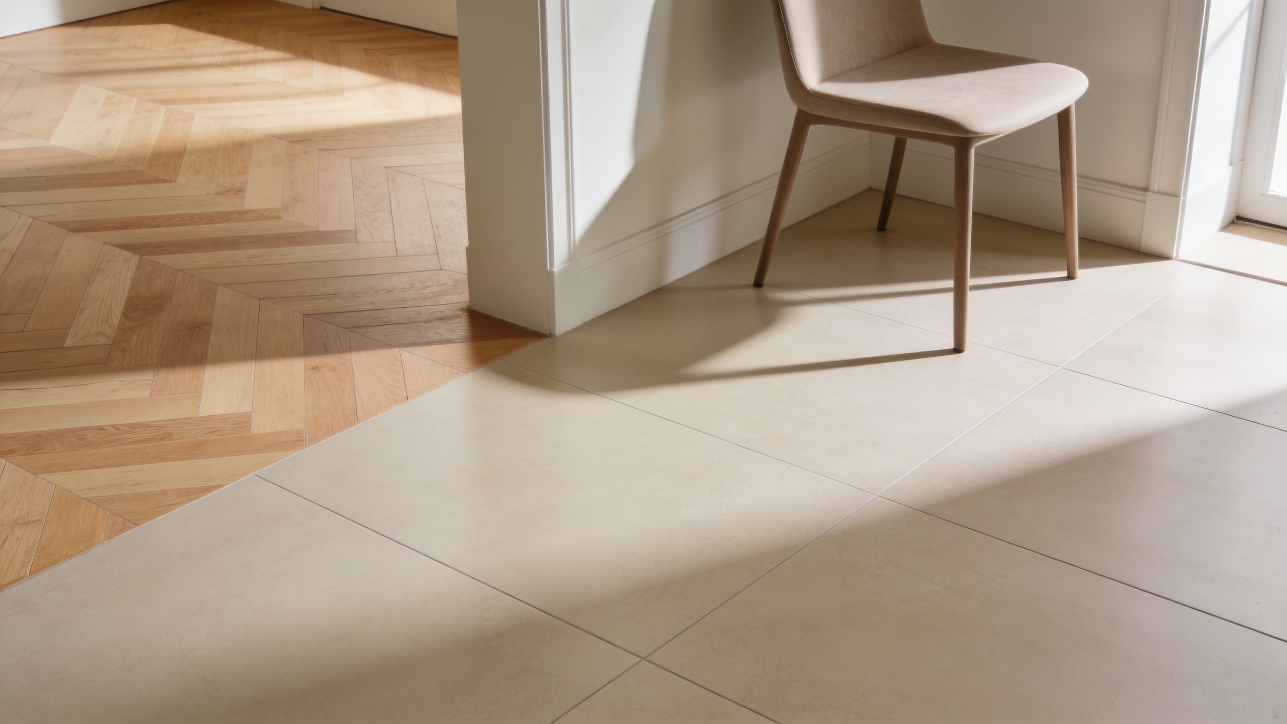 Moderne stue med elegant sildebensparket af træ og lyse fliser med gulvvarme og en minimalistisk stol.