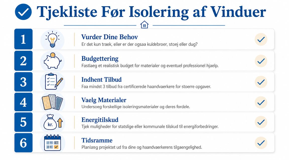 Tjekliste med seks trin til forberedelse af isolering af vinduer for bedre energieffektivitet i boligen.