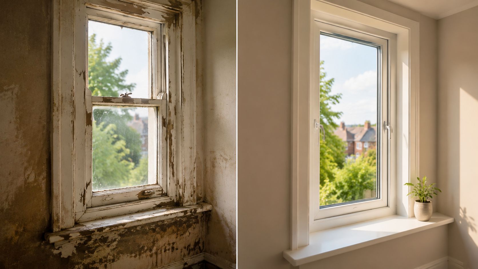 Før og efter billede af en vinduesudskiftning i et gammelt hjem, der viser forbedret stand og renovering.