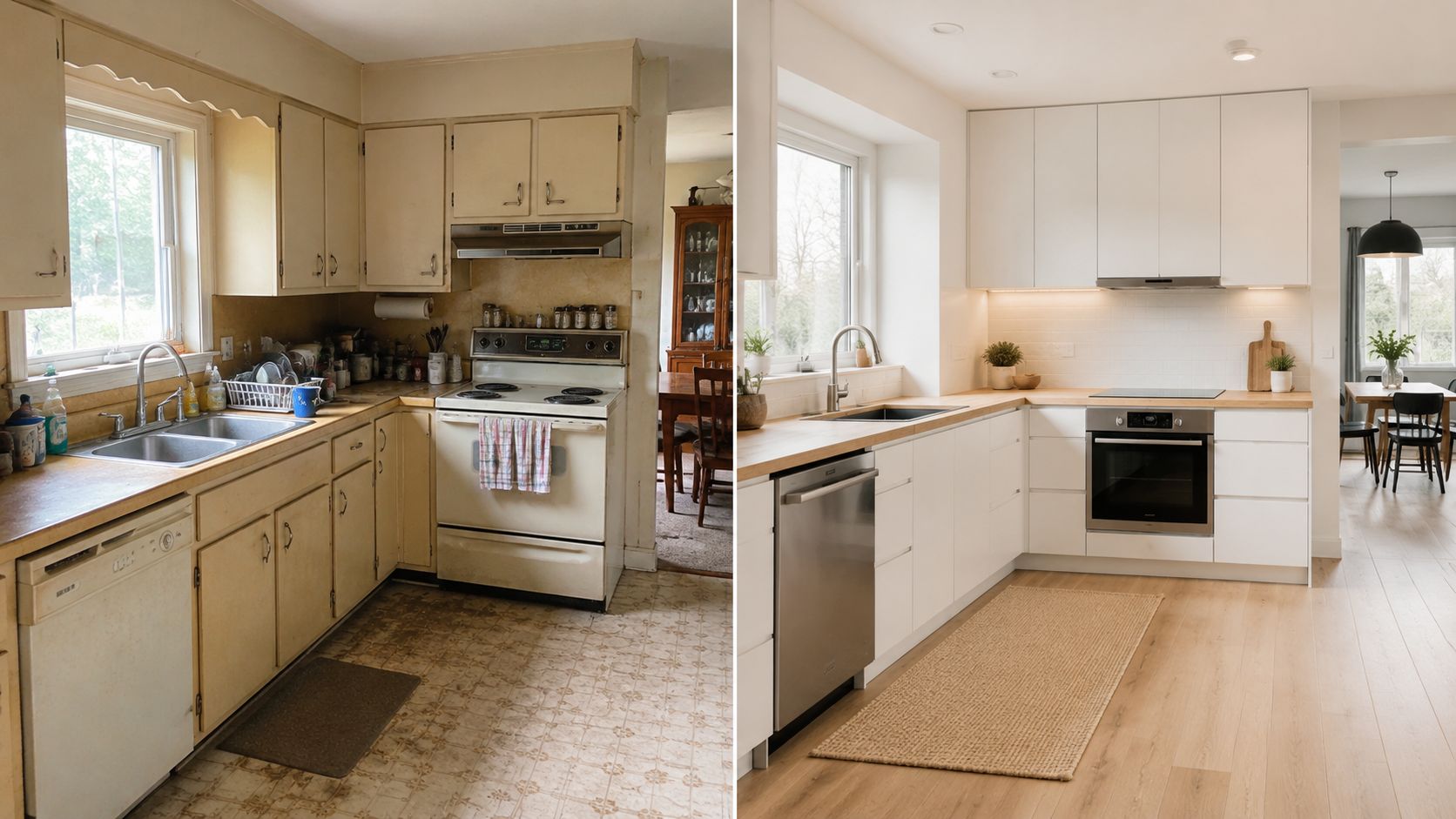 Sammenligning af et køkken før og efter en total renovering til et moderne lyst design.