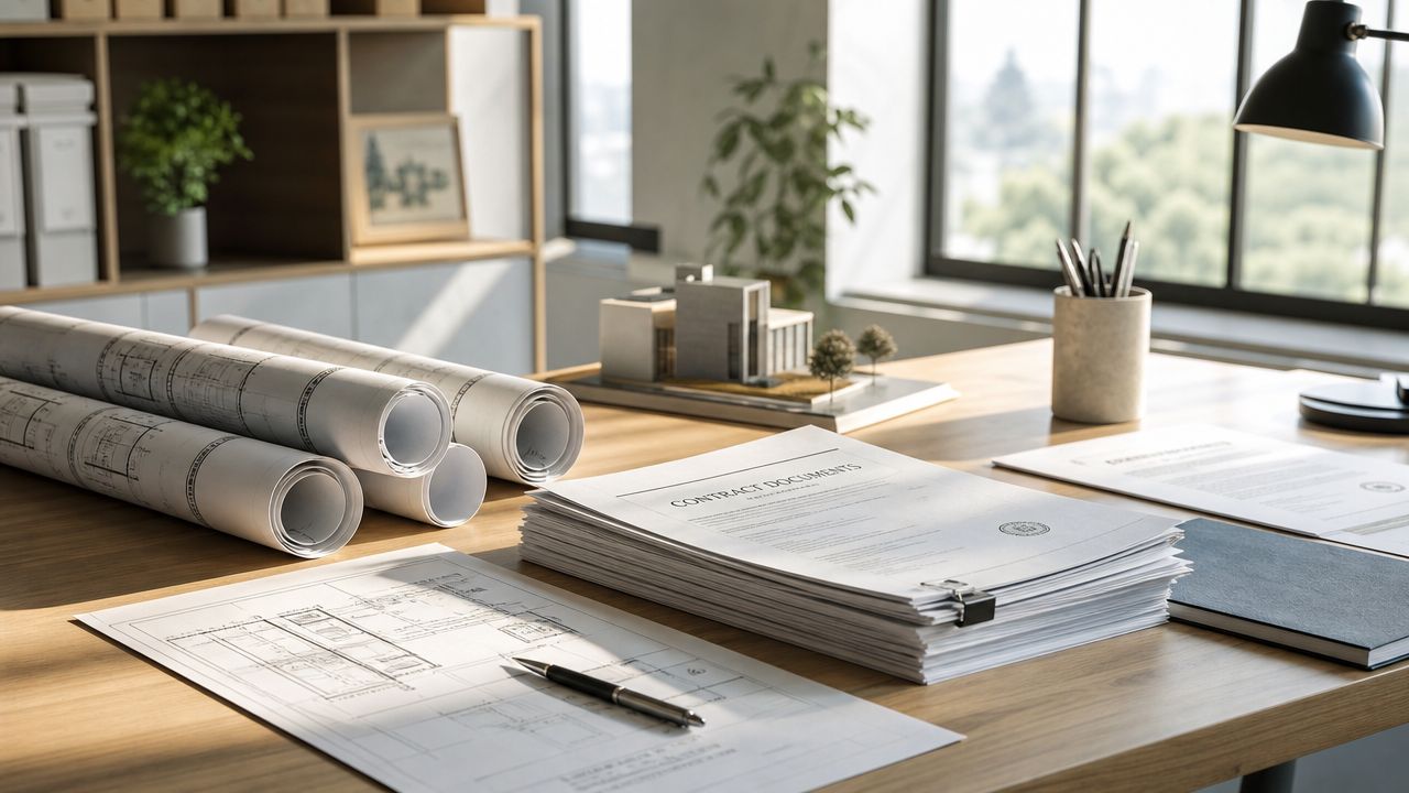 Et skrivebord med byggetegninger, en stak kontraktpapirer og en arkitektonisk model af et hus i et kontor.