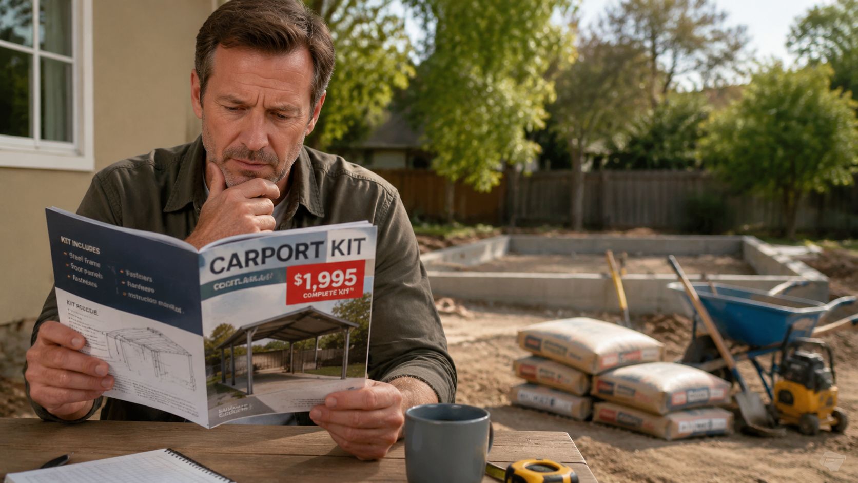 En moden mand sidder ved et bord og overvejer køb af et nyt carport byggesæt til haven.