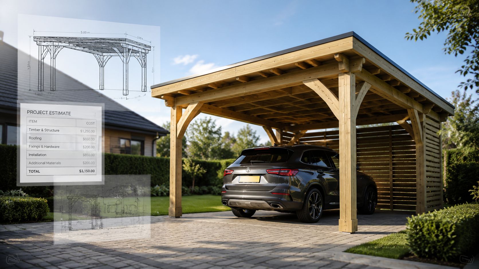 En moderne carport i træ med et overskueligt prisoverslag og teknisk tegning vist som et hologram.