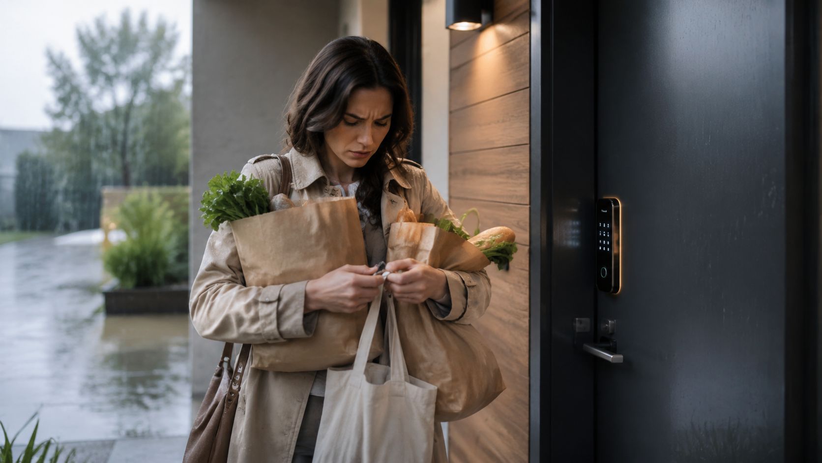 En frustreret kvinde med indkøbsposer forsøger at låse sin hoveddør op med en moderne elektronisk kodelås.