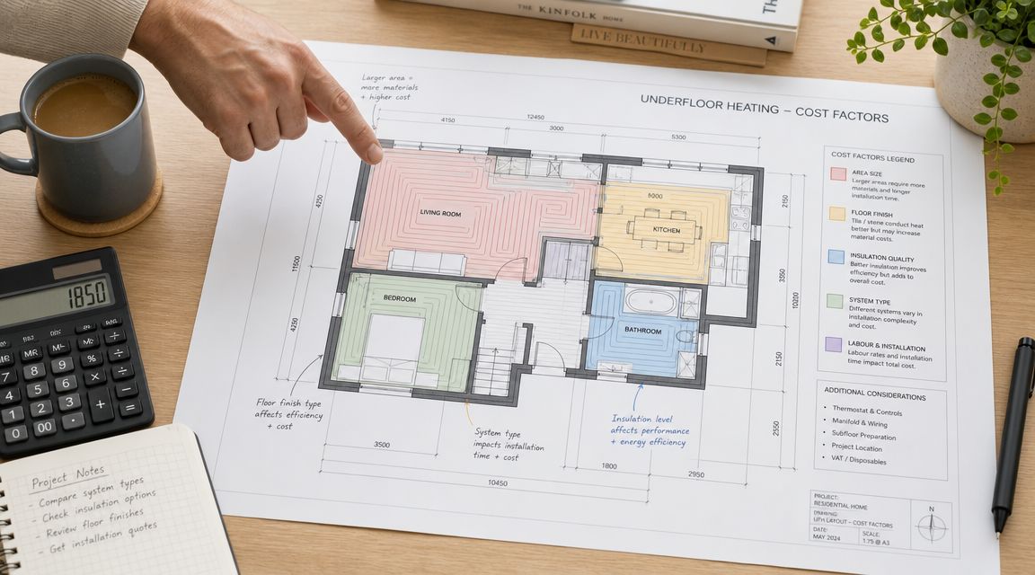 En person peger på en plantegning over et hus med illustrationer af gulvvarme og omkostningsfaktorer.