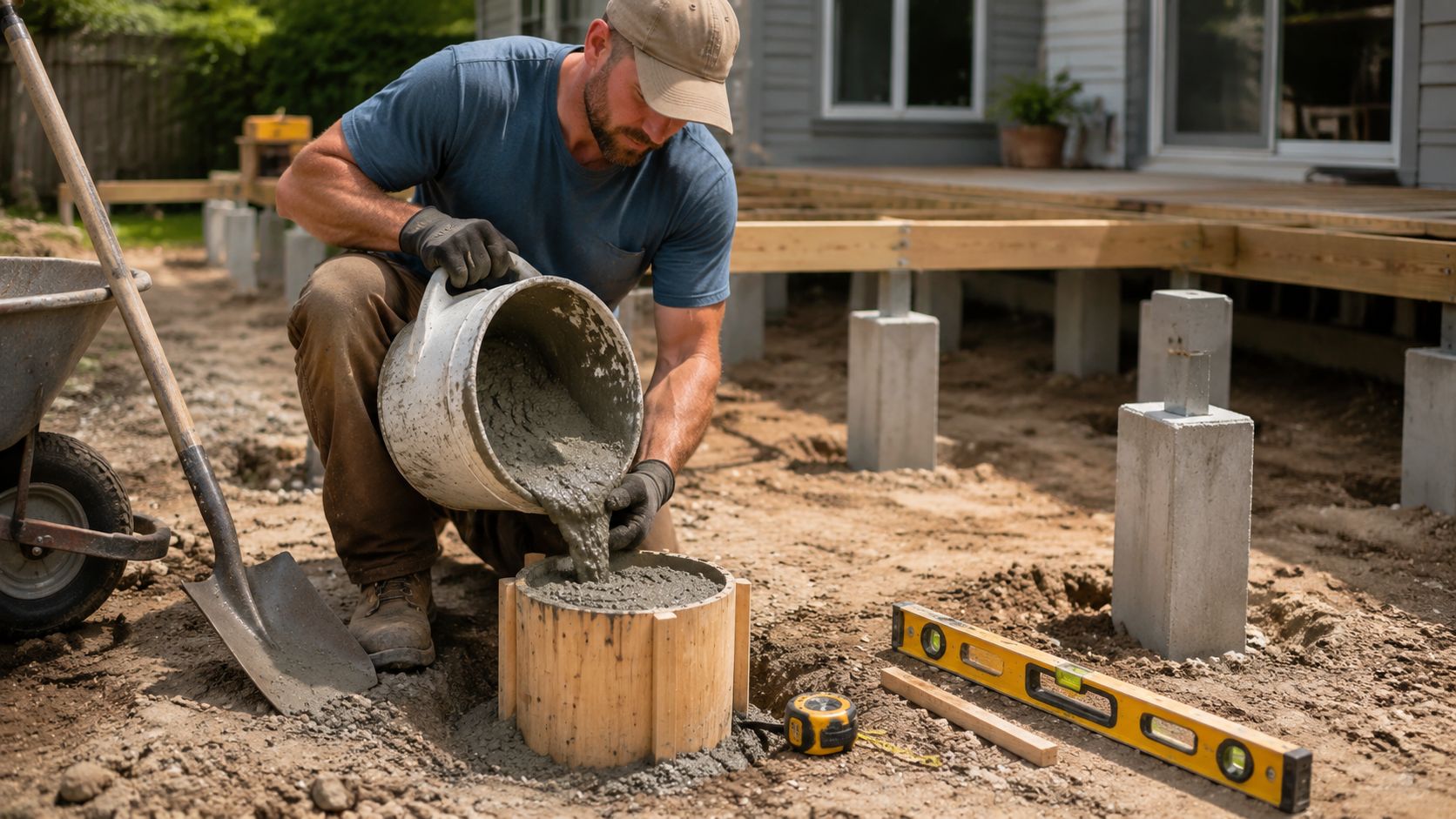 En håndværker hælder beton i en støbeform til et fundament under opførelsen af en træterrasse i haven.