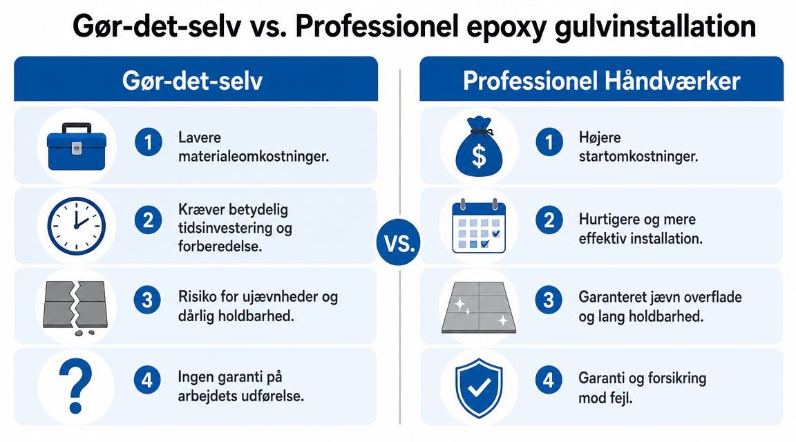Sammenligning mellem gør-det-selv og professionel epoxy gulvinstallation med fordele og ulemper ved de to metoder.