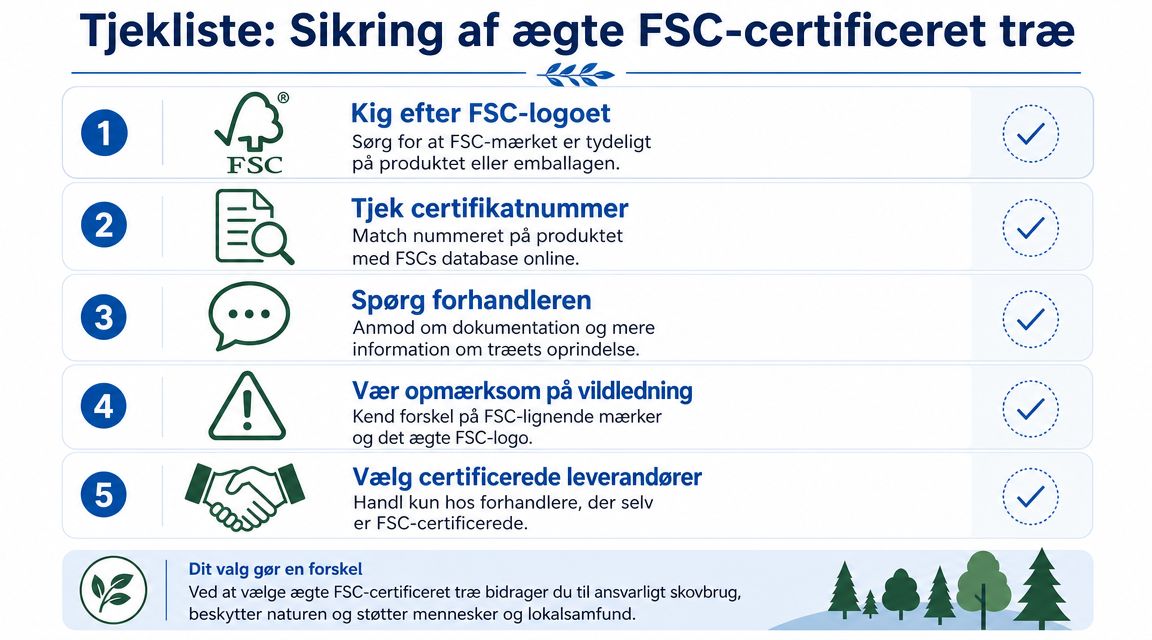 Tjekliste med fem trin til at identificere og sikre ægte FSC-certificeret træ ved indkøb af produkter.