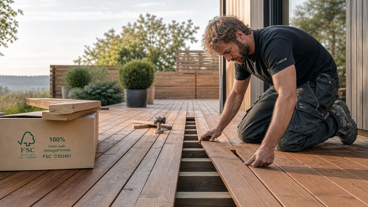 En mand installerer FSC-certificerede træplanker som en del af en ny terrasse i en smuk have.