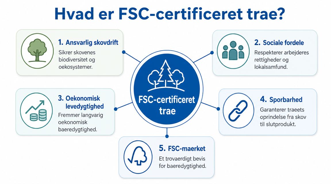 En infografik der forklarer de fem vigtigste fordele ved FSC-certificeret træ for miljøet og samfundet.