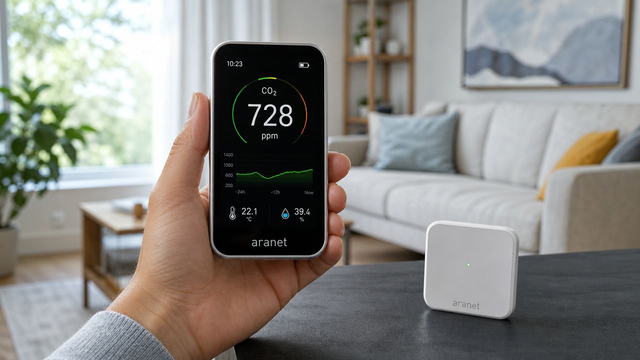En hånd holder en Aranet CO2-måler, der viser luftkvaliteten i et moderne, lyst stuemiljø med møbler.