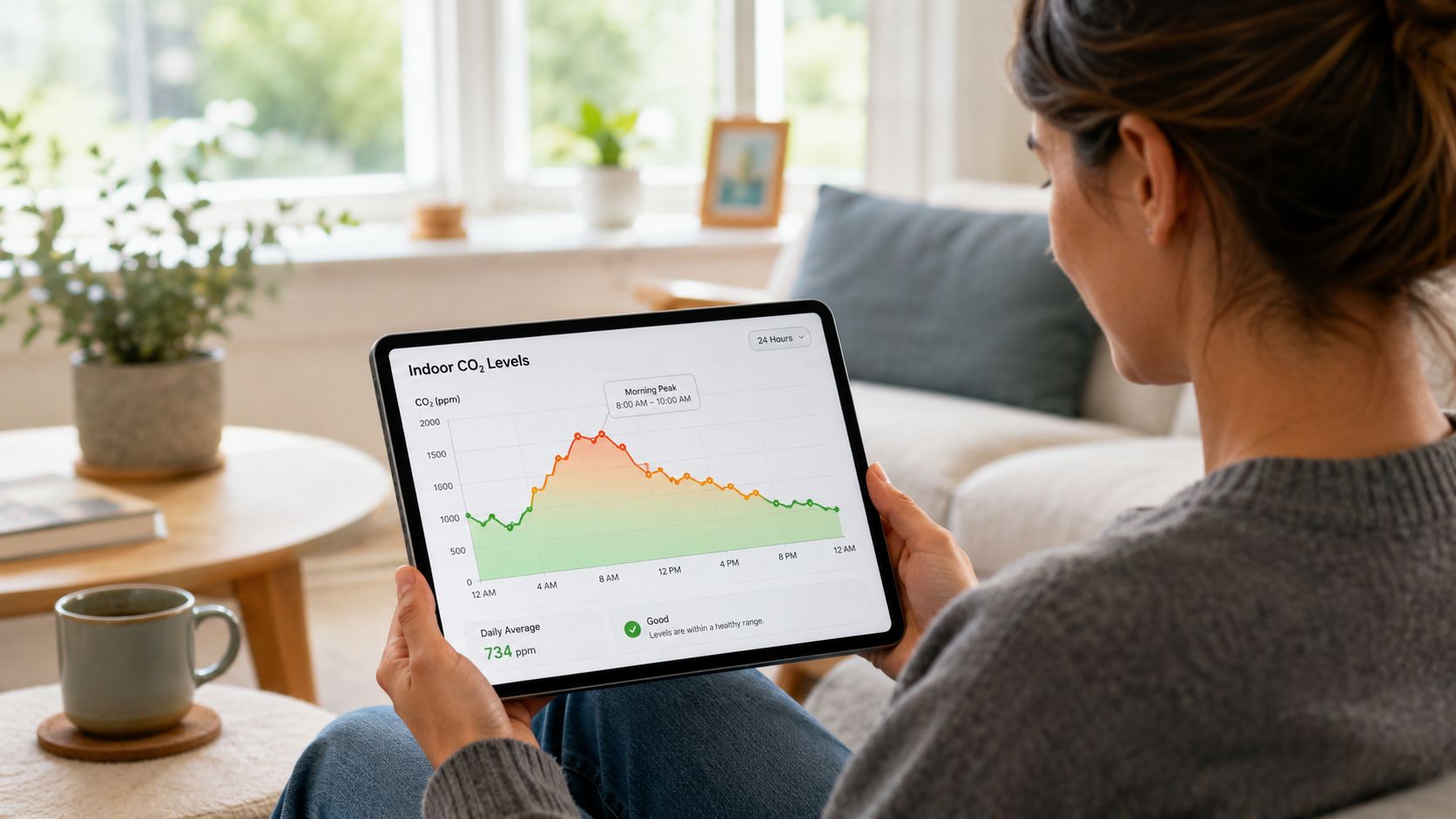 En person holder en tablet, der viser en graf over indendørs CO2-niveauer i et lyst hjemmemiljø.