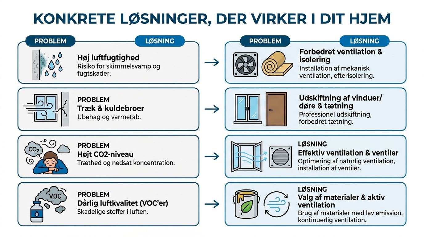 En infografik der viser fire almindelige problemer med indeklima og deres konkrete løsninger til hjemmet.
