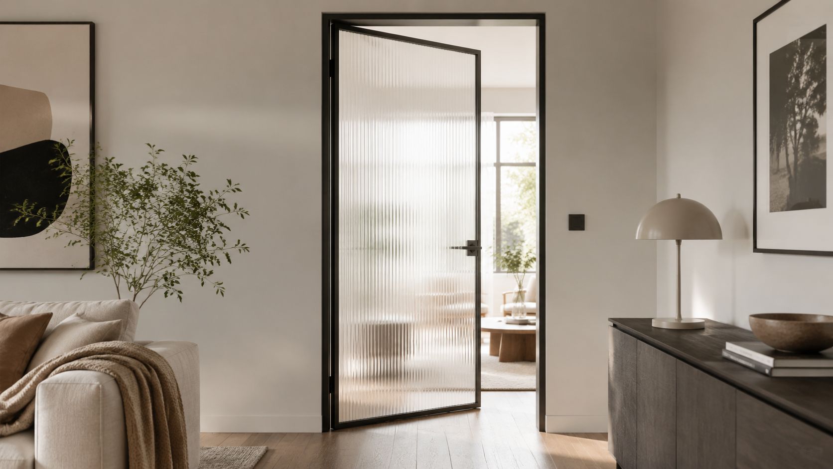 En elegant moderne dør med riflet glas og sort ramme i en stilfuld og lys indretning.