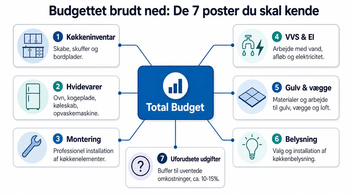 En infografik der viser de syv vigtigste budgetposter man skal kende ved en køkkenrenovering.