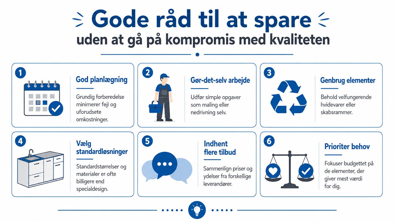 En infografik med seks gode råd til at spare penge på køkkenrenovering uden at gå på kompromis med kvaliteten.