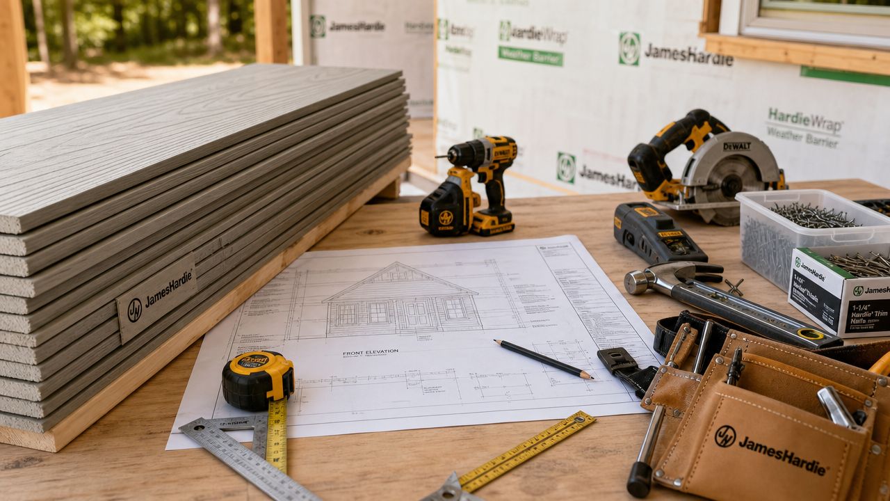 Arbejdsbord med byggetegninger, værktøj og materialer til montering af HardiePlank på en byggeplads.
