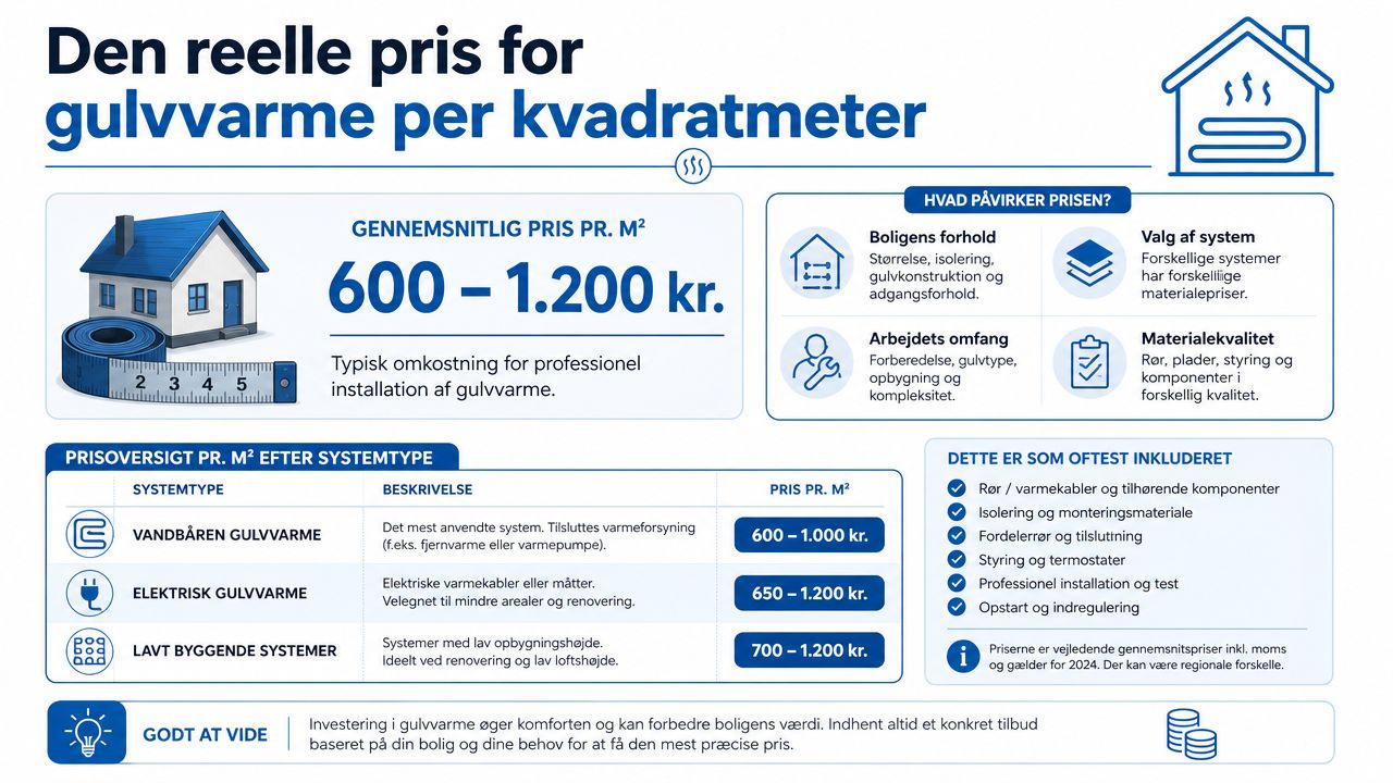En infografik der viser den gennemsnitlige pris pr. kvadratmeter for installation af gulvvarme i boliger.