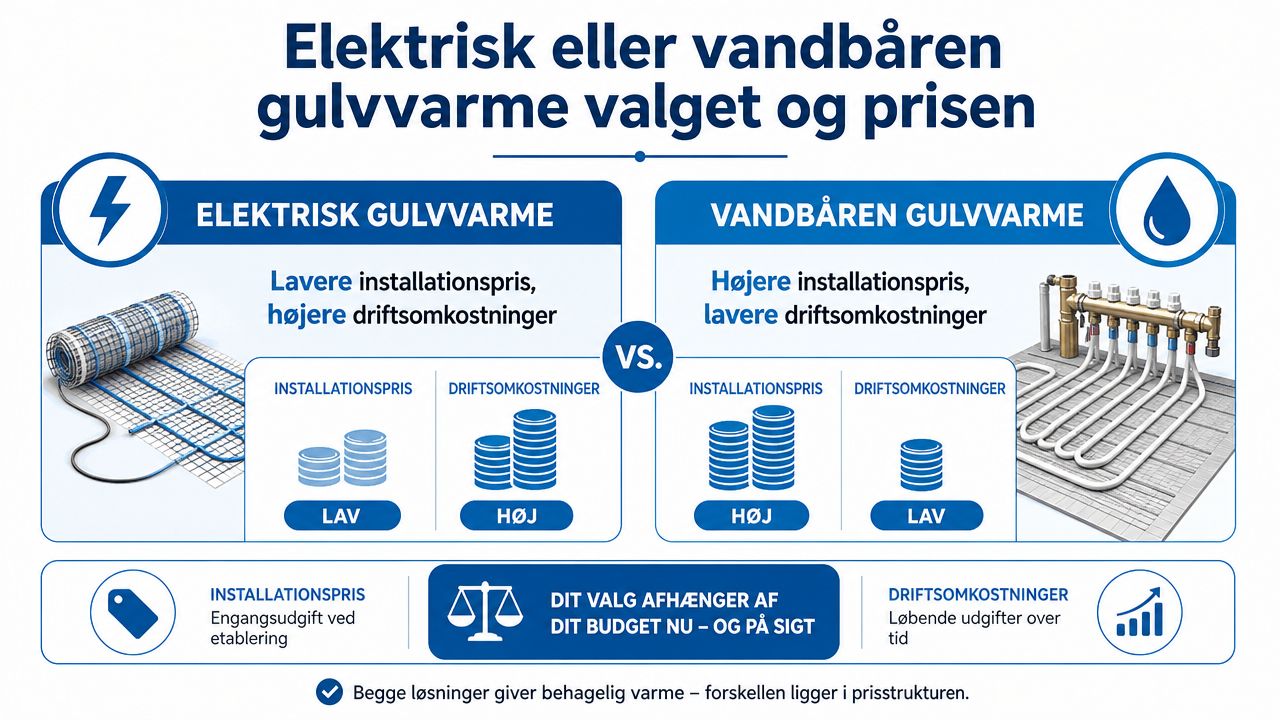 En sammenligning af installationspris og driftsomkostninger ved elektrisk og vandbåret gulvvarme for boligejere.